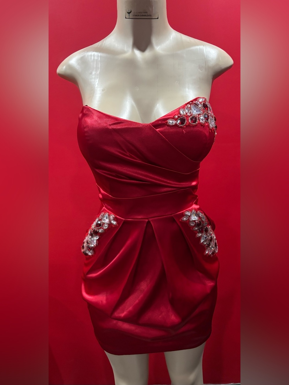 B Darlin Strapless Red Satin Cocktail Dress with Crystal Accents